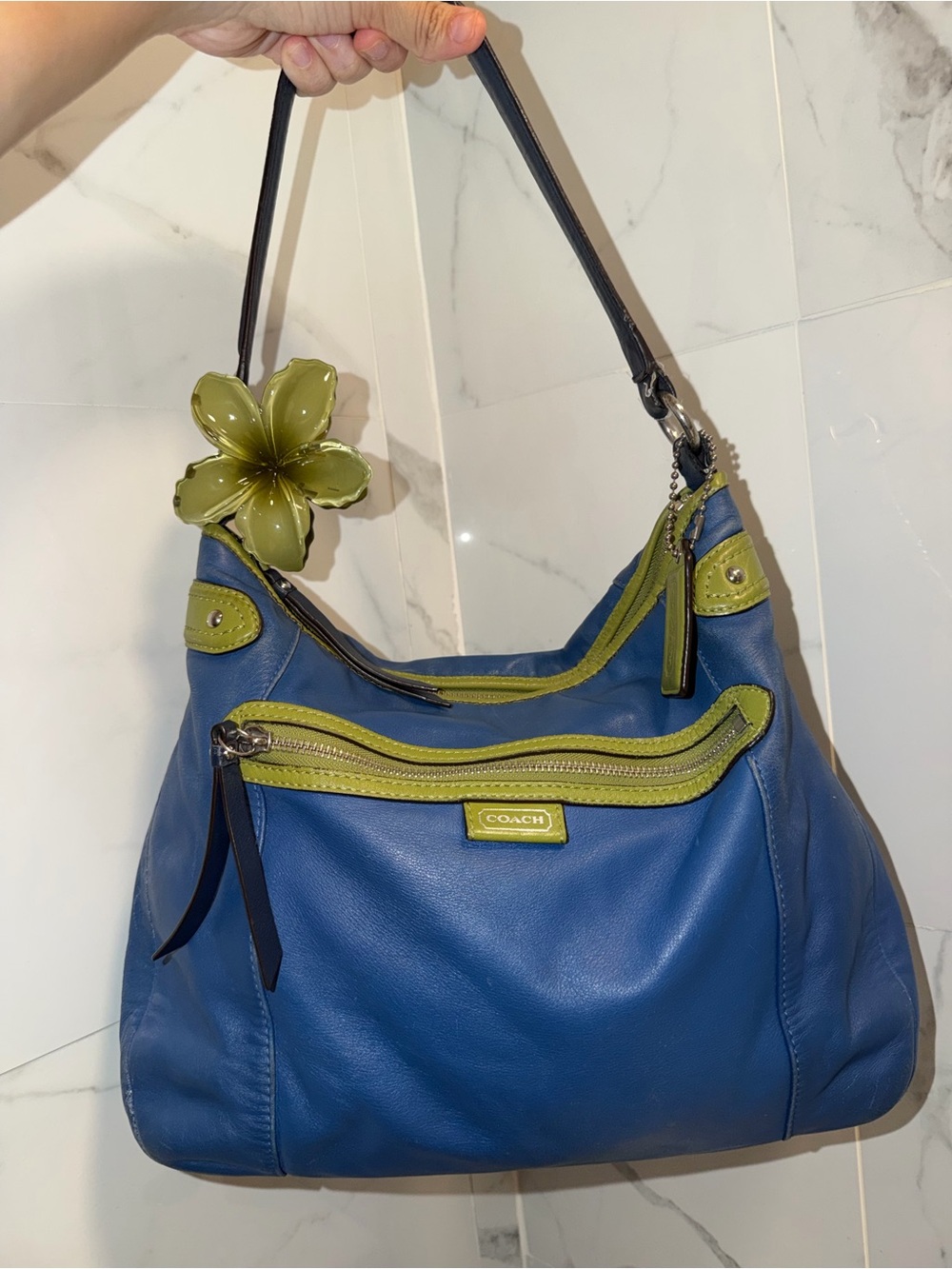Coach Blue Leather Shoulder Bag with Olive Trim and Flower Charm